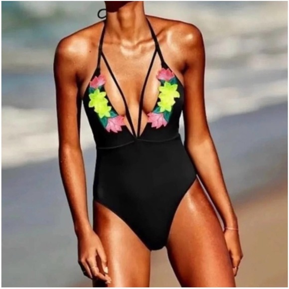 PINK Victoria's Secret Other - VS PINK Flower Plunge One Piece, Black Victoria’s Secret